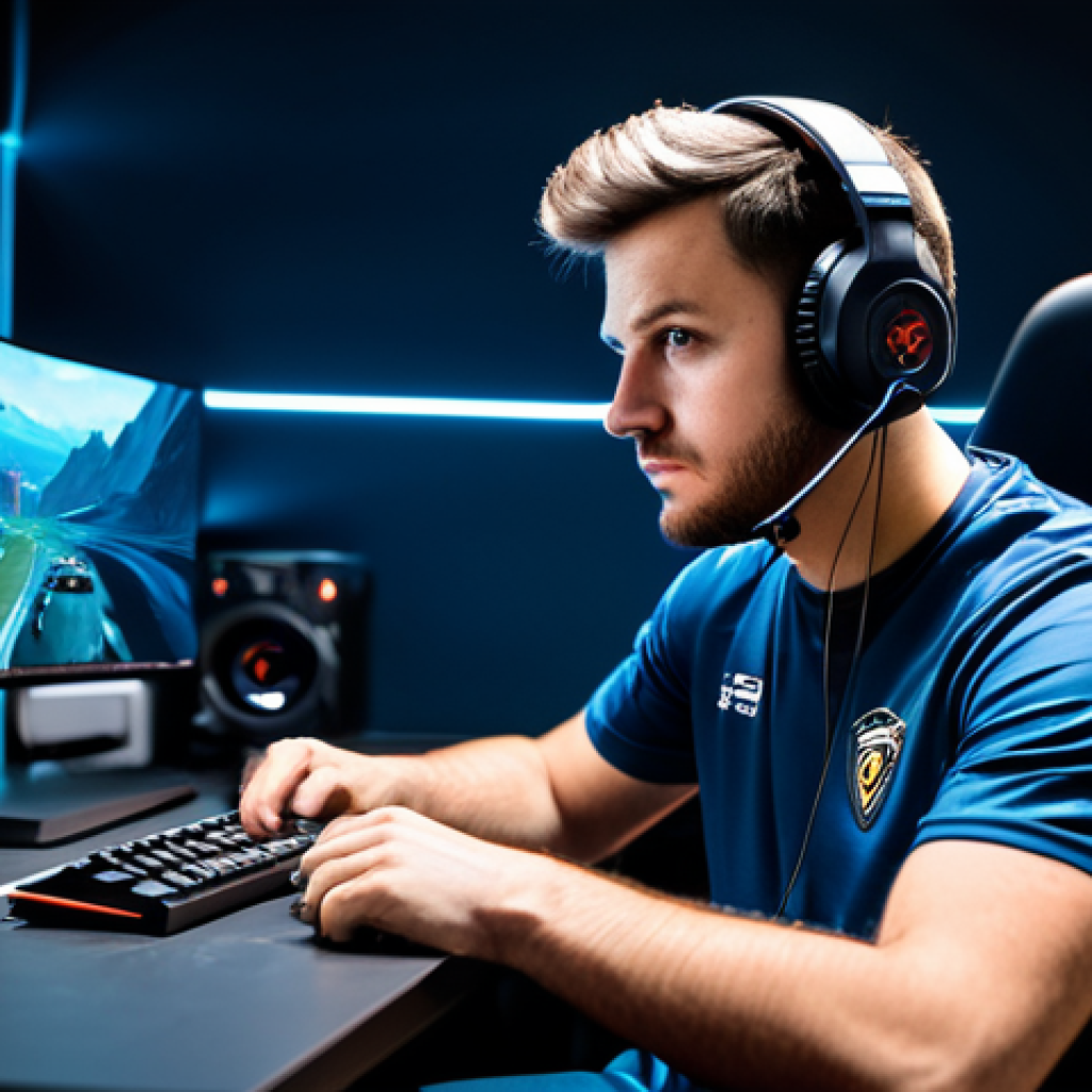 A focused adult gamer, fully clothed in a modest professional esports jersey and comfortable trousers, seated at a modern, high-tech gaming desk. Two large monitors display elements of a classic-style first-person shooter game map and a competitive leaderboard. A professional gaming headset rests on his head, and his expression conveys intense concentration mixed with a hint of nostalgic reflection. The scene is set in a well-lit gaming room. Professional photography, cinematic lighting, ultra-realistic, high detail, safe for work, appropriate content, perfect anatomy, correct proportions, natural pose, well-formed hands, proper finger count, natural body proportions, professional, modest, family-friendly.