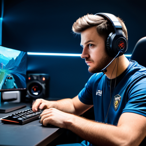 A focused adult gamer, fully clothed in a modest professional esports jersey and comfortable trousers, seated at a modern, high-tech gaming desk. Two large monitors display elements of a classic-style first-person shooter game map and a competitive leaderboard. A professional gaming headset rests on his head, and his expression conveys intense concentration mixed with a hint of nostalgic reflection. The scene is set in a well-lit gaming room. Professional photography, cinematic lighting, ultra-realistic, high detail, safe for work, appropriate content, perfect anatomy, correct proportions, natural pose, well-formed hands, proper finger count, natural body proportions, professional, modest, family-friendly.