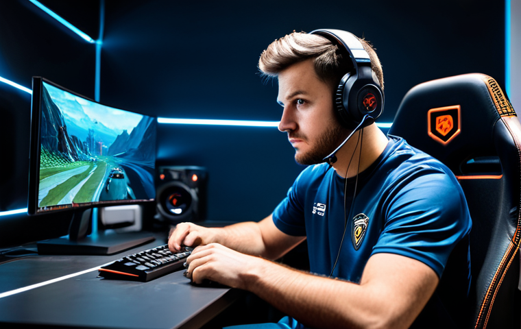 A focused adult gamer, fully clothed in a modest professional esports jersey and comfortable trousers, seated at a modern, high-tech gaming desk. Two large monitors display elements of a classic-style first-person shooter game map and a competitive leaderboard. A professional gaming headset rests on his head, and his expression conveys intense concentration mixed with a hint of nostalgic reflection. The scene is set in a well-lit gaming room. Professional photography, cinematic lighting, ultra-realistic, high detail, safe for work, appropriate content, perfect anatomy, correct proportions, natural pose, well-formed hands, proper finger count, natural body proportions, professional, modest, family-friendly.