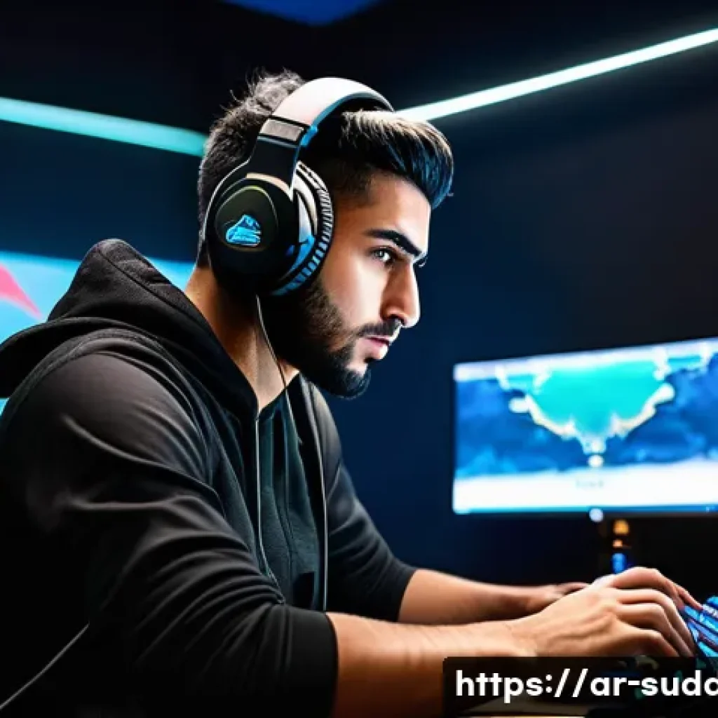 서든어택 인기 스트리머 리스트 - A professional Arabic male gamer in his mid-20s, wearing tactical gaming gear and headphones, intens...