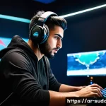 서든어택 인기 스트리머 리스트 - A professional Arabic male gamer in his mid-20s, wearing tactical gaming gear and headphones, intens...