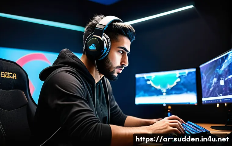 서든어택 인기 스트리머 리스트 - A professional Arabic male gamer in his mid-20s, wearing tactical gaming gear and headphones, intens...