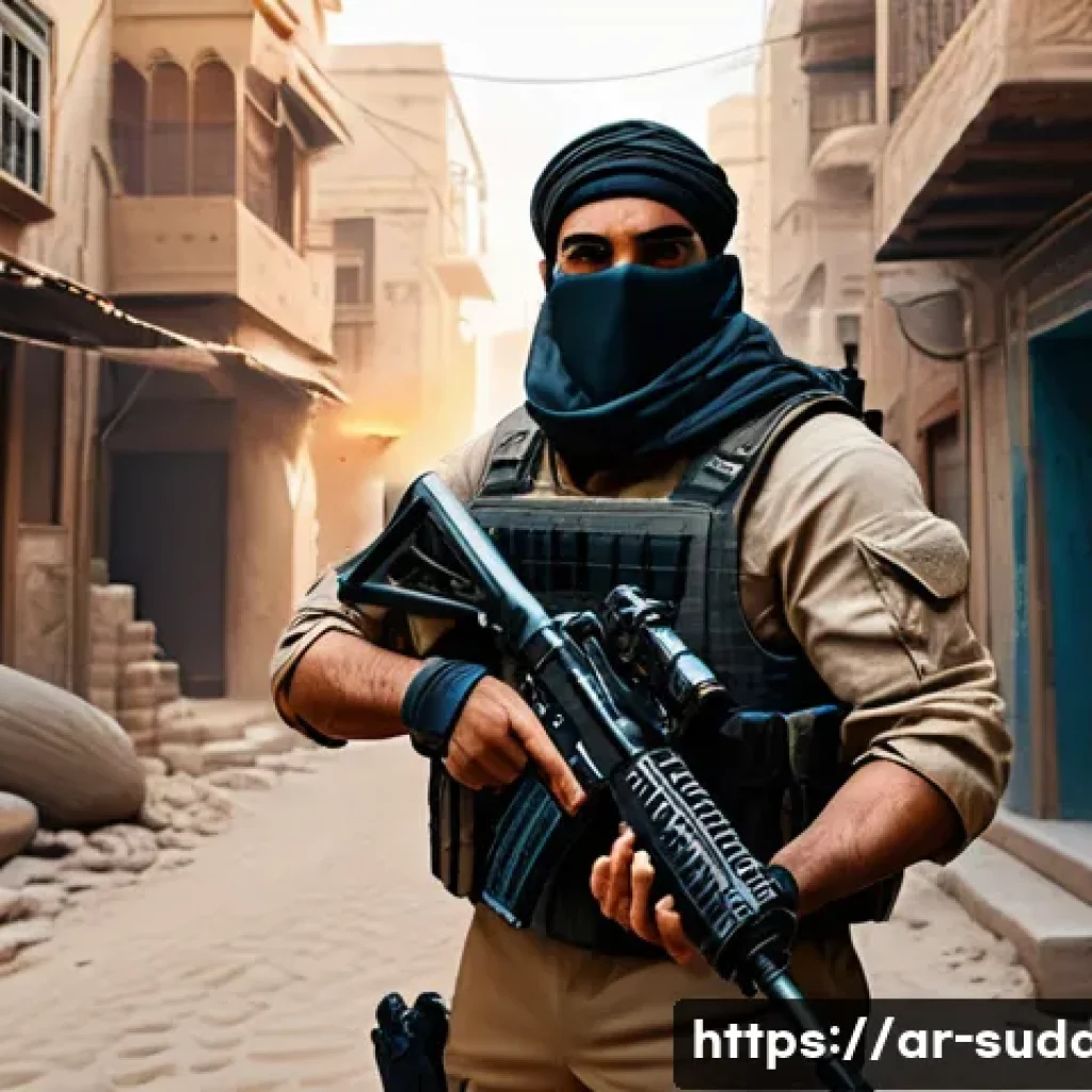 서든어택 SMG 무기 장점 - A dynamic first-person shooter scene set in a narrow, cluttered Middle Eastern urban alley at dusk, ...