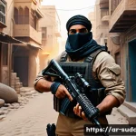 서든어택 SMG 무기 장점 - A dynamic first-person shooter scene set in a narrow, cluttered Middle Eastern urban alley at dusk, ...
