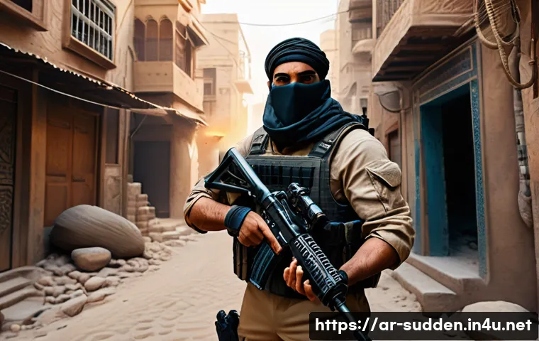 서든어택 SMG 무기 장점 - A dynamic first-person shooter scene set in a narrow, cluttered Middle Eastern urban alley at dusk, ...