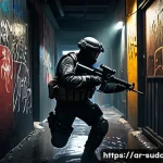 서든어택 근접 무기 비교 - A dynamic close-quarters combat scene inside a narrow, dimly lit urban corridor typical of Sudden At...