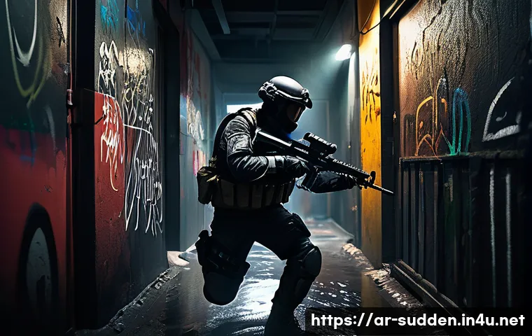 서든어택 근접 무기 비교 - A dynamic close-quarters combat scene inside a narrow, dimly lit urban corridor typical of Sudden At...