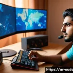 서든어택 레벨업 빠르게 하는 법 - A dynamic scene of a Middle Eastern male gamer in his early 20s intensely playing Sudden Attack on a...