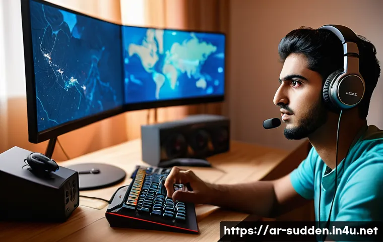 서든어택 레벨업 빠르게 하는 법 - A dynamic scene of a Middle Eastern male gamer in his early 20s intensely playing Sudden Attack on a...